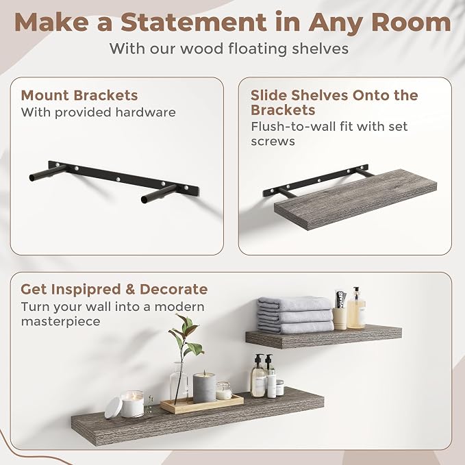 32 Inch Floating Shelves for Wall Set of 2, 8"D Wood Grain Bathroom Shelves with Invisible Brackets, Easy Install Engineered Wood Storage Shelves for Kitchen, Living Room, Bedroom, Grey Oak Finish