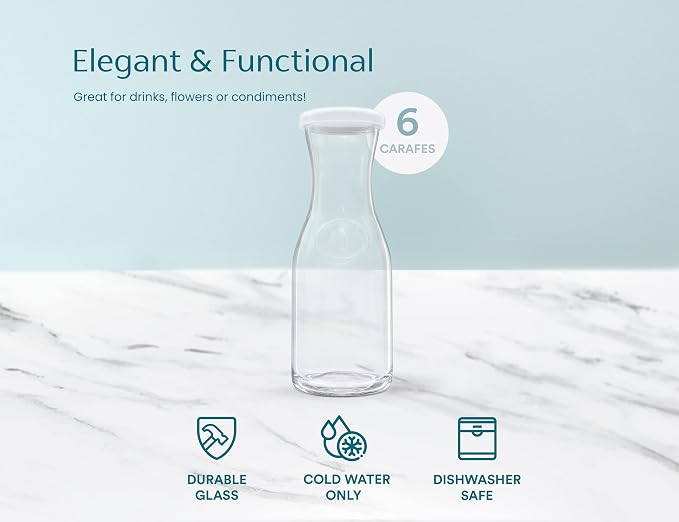 Glass Carafe Pitchers, by Kook, Mini Carafes- set of 6, Beverage Dispensers, Clear Jugs For Mimosas, Water, Wine, Milk and Juice, with Plastic Lids, Dishwasher Safe 17.3 oz
