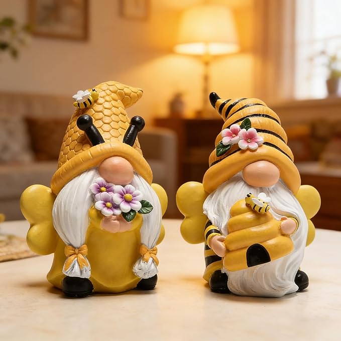 Hodao Bee Gnomes Set of 2 - Honey Bee Day Resin Statues, Summer Spring Gnome Figurines Decor for Home Kitchen Tiered Tray, Cute Bumble Bee Bumblebee Decorations for Table Office Garden Shelf, 4.3" H