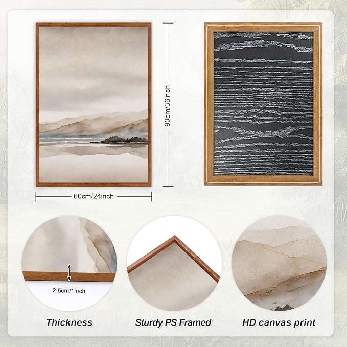 LHIUEM Abstract Mountain Brown Framed Canvas Wall Art,Neutral Watercolor Landscape Wall Decor,Minimalist Grey Beige Lake Artwork for Living Room,Bedroom,Dining Room,Office -24"x36"x3