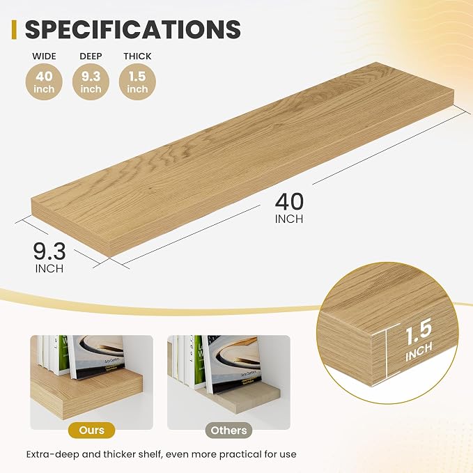Acovy 40 Inch Floating Shelves, 9.3" Deep Floating Shelf Wall Mounted, 40" Wall Shelves, Rustic Deep Bookshelf, Large Display Shelves & Storage Shelves for Bedroom, Living Room, Oak, Set of 2