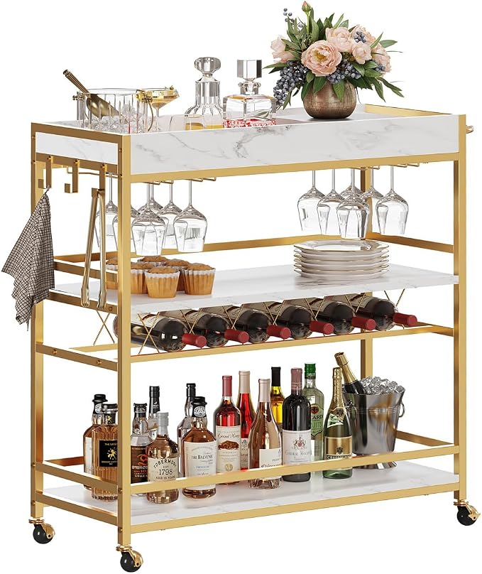 BON AUGURE Bar Cart for The Home, Rolling Home Bar Serving Cart on Wheels, 3 Tier Mobile Liquor Beverage Carts with Wine Rack and Glass Holder (Gold & Marbleized White)