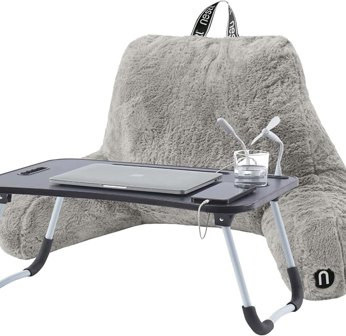 Nestl Fur Reading Pillow with Laptop Lap Desk, Stylish Back Pillow for Sitting Up, Lap Desk with Reading Pillows for Sitting in Bed Adult & Kids, Faux Fur Chair Pillow with Arms - Grey