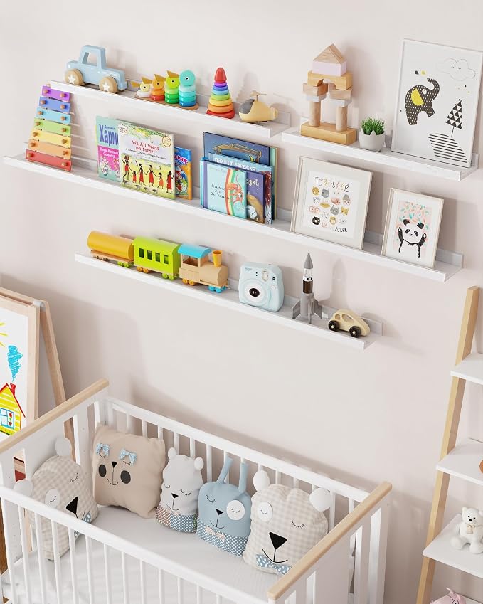 Axeman Oak Picture Ledge Shelf, 72 Inch Floating Shelves Set of 2, Solid Oak Wood Wall Shelves with Lip, Wall Decor Storage for Bedroom Living Room Bathroom Kitchen Nursery Photo Picture, White