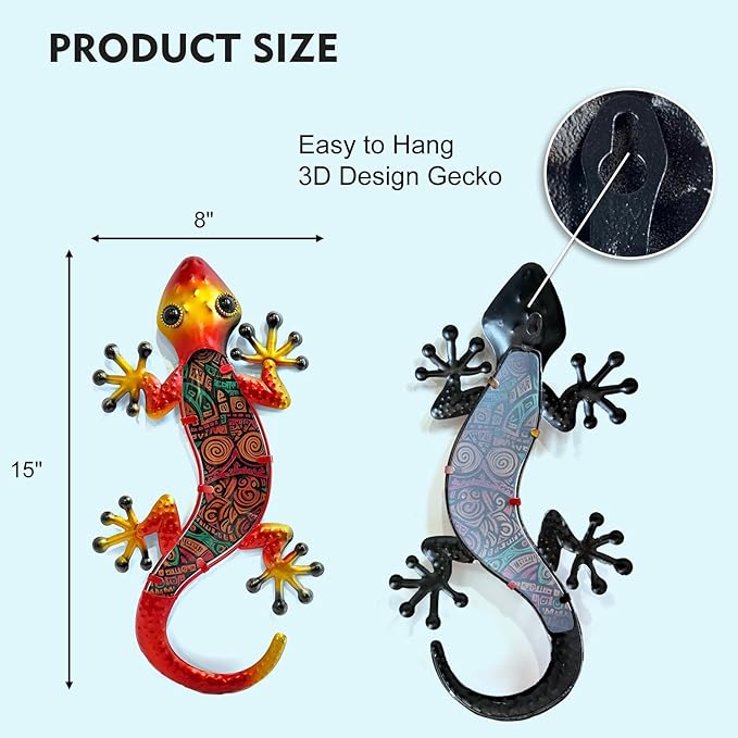 HONGLAND Lizard Wall Decor- 15 Inch Gecko Metal Wall Art Hanging Glass Sculpture, 2 Pack Yard Decorations Outdoor for Garden Fence Home