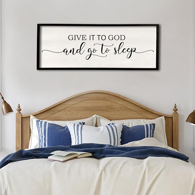 Give It To God And Go To Sleep Wall Decor 40"X15" Master Bedroom Above Bed Sign Christian Rustic Farmhouse Over Bed Large Religious Vintage Wood Framed Horizontal Catholic Wall Hanging Art (Black)