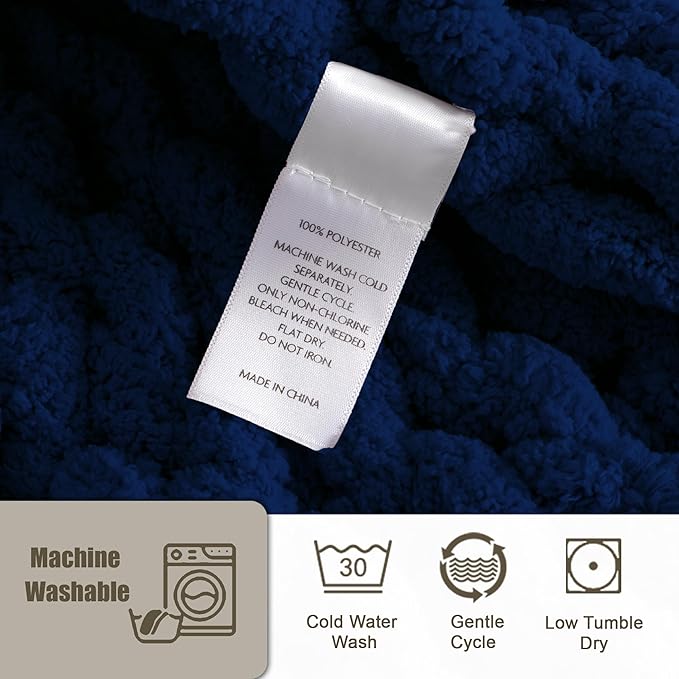Chunky Knit Throw Blanket 60x80, 100% Handmade Chenille Yarn | 6.7lbs Soft Thick Cable Knitted Blankets, Large Rope Knot Crochet Throws for Couch Sofa Bed Machine Washable, Navy Blue