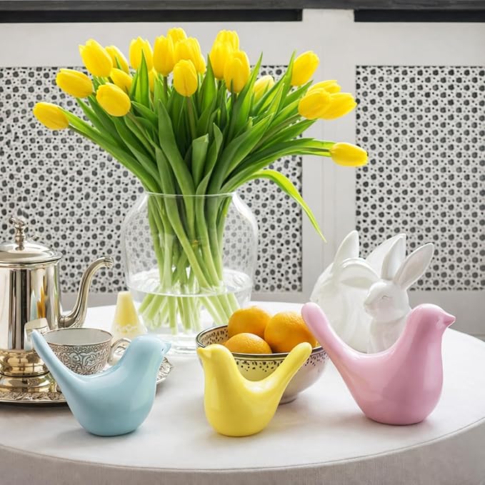 AceOrbit 3 Pcs Spring Small Animal Statues Pink Birds Decor Pastel Color Sculpture Ornaments Blue Yellow Bird Figures for Spring Home Office Table Desktop Bookshelf Mantelpiece Shelf