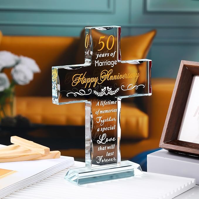YWHL 50th Wedding Anniversary Religious Cross Gifts for Women Men, 50 Year Anniversary Romantic Gift for Him Her, Laser Engraved Glass Standing Cross Keepsake for Couple, 50 Years of Marriage Present