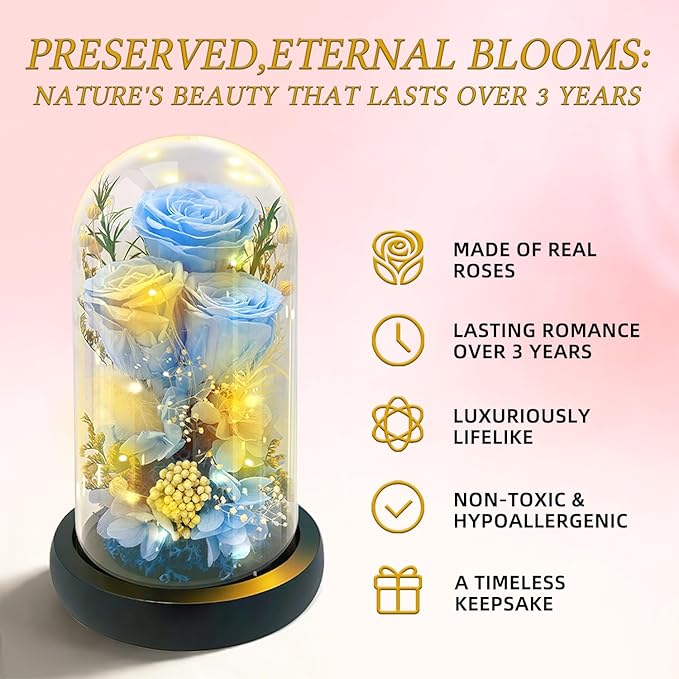 HipTree Preserved Blue Rose in Glass Dome with LED Lights - Forever Eternal Real Rose Gifts for Women, Valentines Day Mothers Day Birthday Wedding Anniversary for Mom Wife Girlfriend