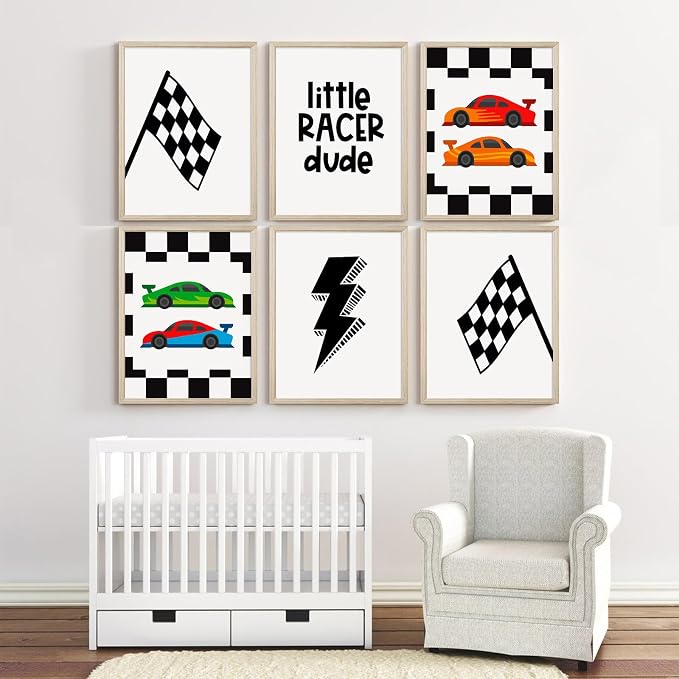 Race Car Wall Art Pictures Boys Room Wall Decor Nursery Toddler Canvas Wall Art Kids Playroom Art Prints Boys Race Car Poster Nursery Artwork Set of 6 for Bedroom 8x10 Inch Wood Framed