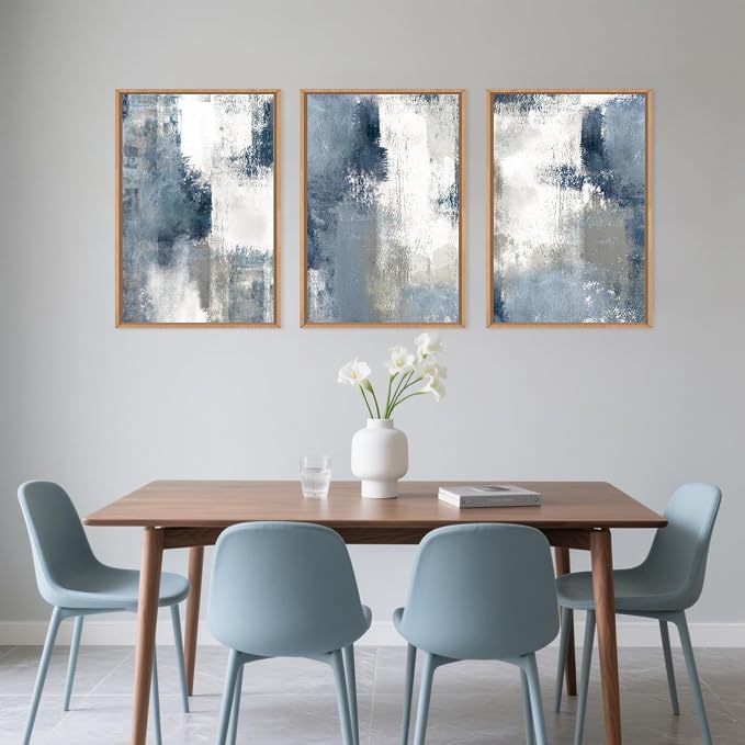 LHIUEM Large Abstract Brush Strokes Framed Canvas Wall Art Set,Navy Blue and Gray Wall Decor,Modern Color Block Shape Artwork,Minimalist Neutral Blue Printing for Living Room,Bedroom, Office-24''x36''x3