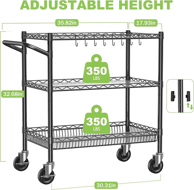 1050Lbs Heavy Duty Utility Cart with Wheels 3 Tier Rolling Metal Cart, Commercial Grade Storage Cart with Handle Bar & Shelf Liner, Trolley Wire Serving Cart for Garage, Kitchen, Restaurant