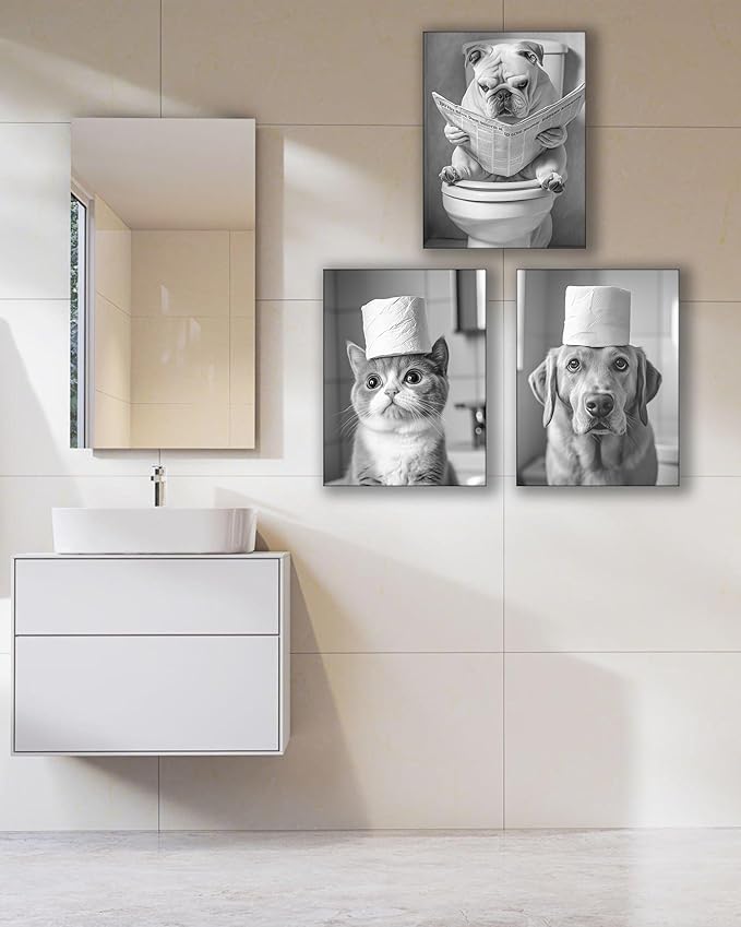 UPWOIGH Funny Black and White Cat Bathroom Wall Art, Cat with Toilet Paper Roll Decor, Cute Pet Humor Poster, Wood Framed Canvas 12x16 Inch
