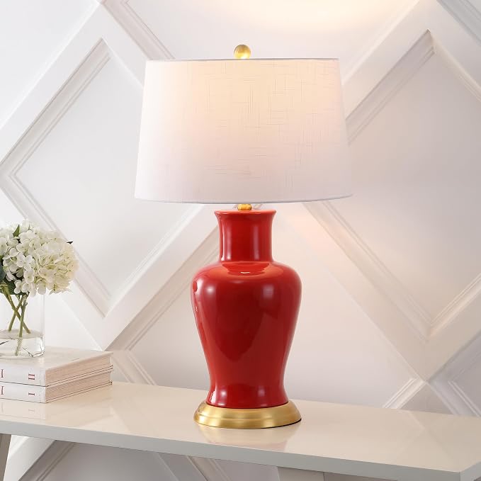 JONATHAN Y 29" Red Traditional Ceramic Urn LED Table Lamp for Bedroom Decor, White Linen Drum Shade, Classic Nightstand Lamp for Living Room, LED Bulb Included (JYL4026G)