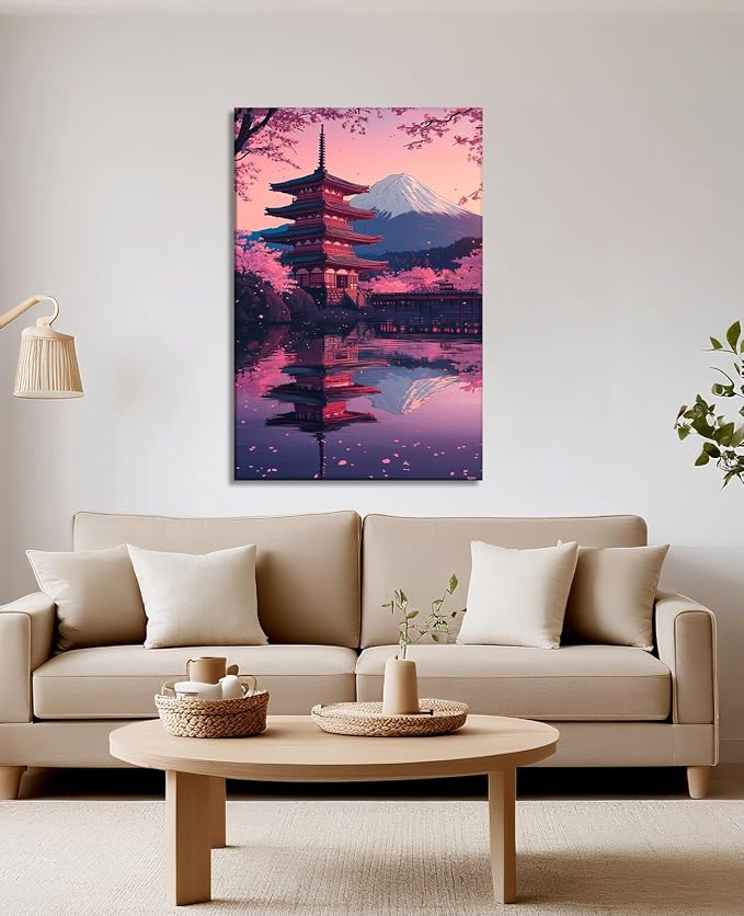Japanese Wall Art Asian Landscape Canvas Prints Cherry Tree Mount Fuji Picture Nature Painting Pink Prints for Living Room Bedroom Modern Home Office Decor Framed(Art-4,12.00x18.00 inch)
