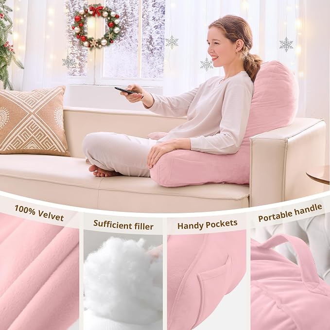 Sasttie Reading Pillow for Bed - 23 Inch, Back Pillow for Bed Sitting Up, Back-Rest Support Cushion with Side Pockets and Arms, Dorm Essentials, Oeko-Tex Certified, Light Pink