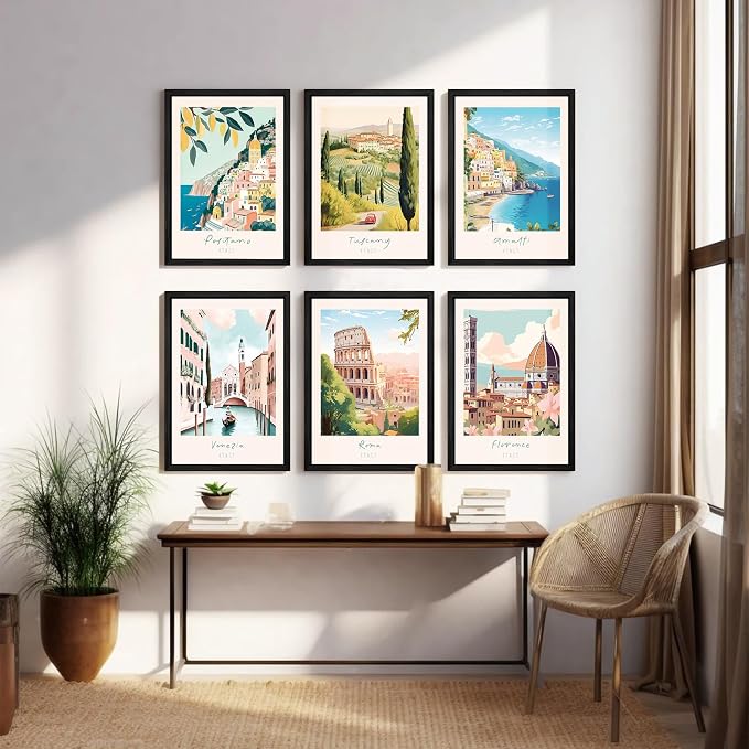 Italian Italy Wall Art Decor Amalfi Coast Travel Poster Italy City Canvas Wall Art Vintage Landscape Beach Painting Artwork Modern for Bedroom Living Room 8x10 Prints Wood Framed Set of 6