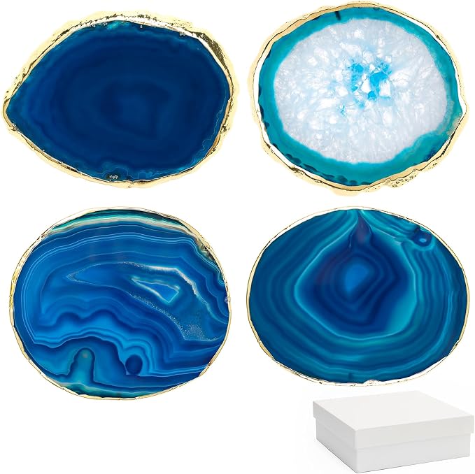 Luxiv Agate Coasters Set of 4 Crystal Drink Coasters with Gift Box (Blue) | Set Of 4 Natural Purple Agate Coasters, 3-4 Inch Crystal Stone With Gold Edge, Gift Box Included For Home Drink And Decor