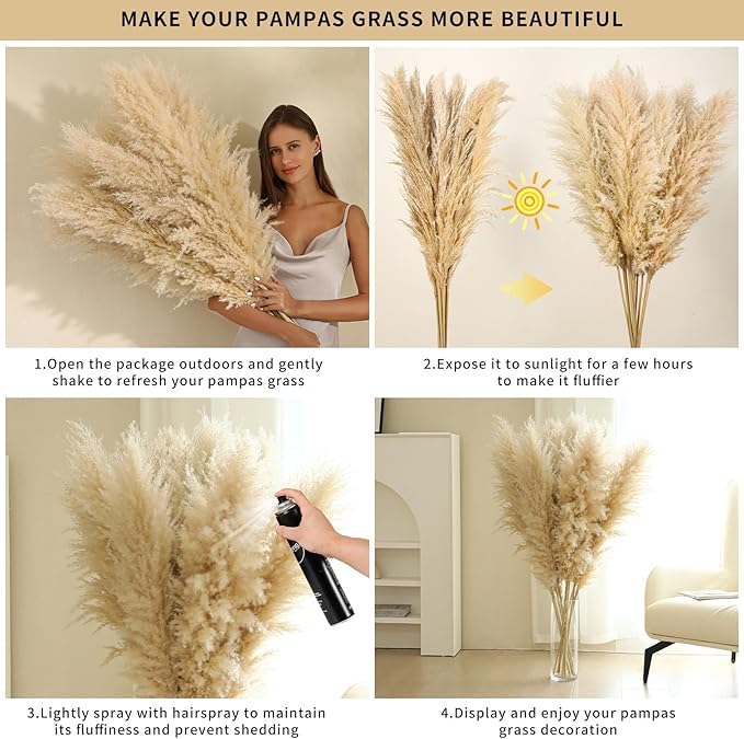 Wertuirk 10 Stems 46 inch Tall Pampas Grass Decor - Large Fluffy Dried Pompas Grass for Floor Vase - Rustic Wedding, Baby Shower, Party, Farmhouse, Boho Home Decor