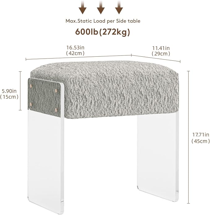 Soft Fluffy Stool, Modern Acrylic Footstool with Upholstered Seat, Fluffy Stool for Living Room Bedroom (Grey)