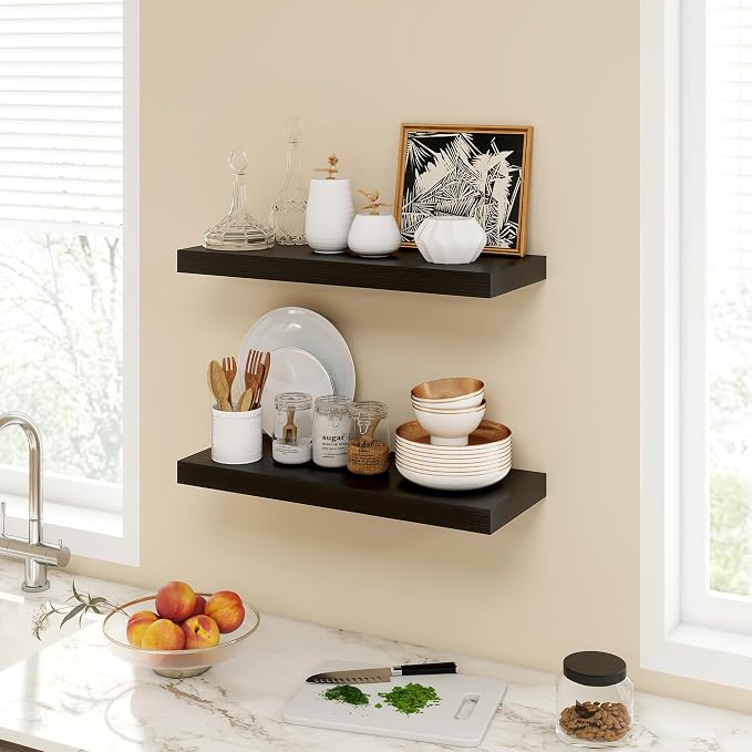 Acovy 24 Inch Floating Shelves, 9.3" Deep Floating Shelf Wall Mounted, 24" Wall Shelves, Rustic Deep Bookshelf, Large Display Shelves & Storage Shelves for Bedroom, Living Room, Black, Set of 2