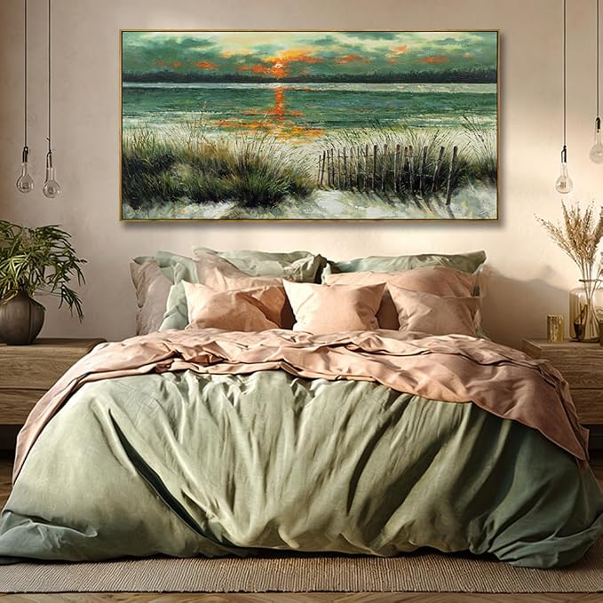 Kureful Green Abstract Wall Art Sunrise Beach Sea Ocean Sage Green Landscape Wall Decor Poster Pictures for Living Room Bedroom Dining Room 24"x48"