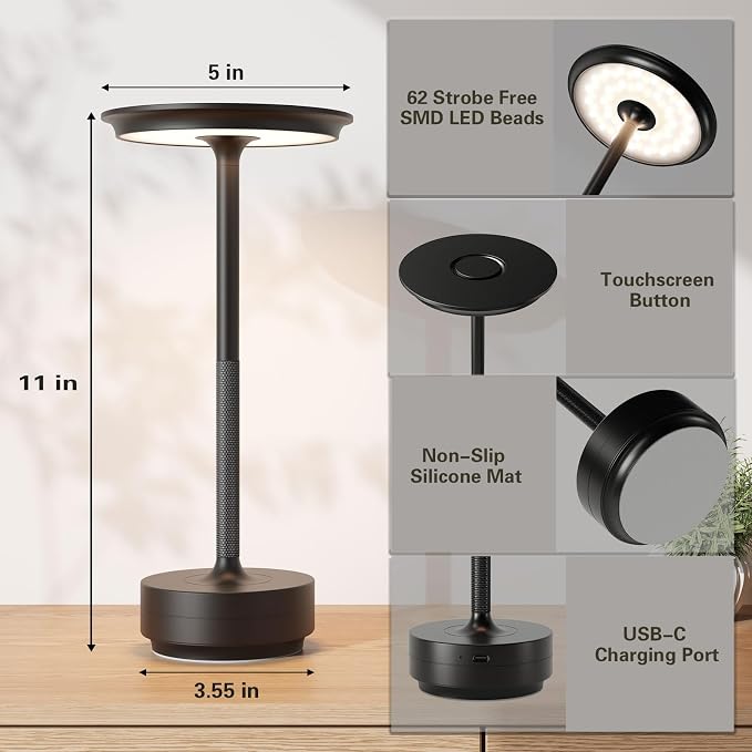 Rechargeable Cordless Table Lamps, Portable Battery Table Light.