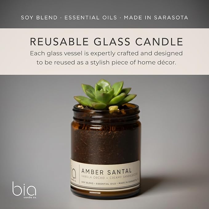 Bia Candle Co Amber Santal Soy Candle, Sandalwood Amber Vanilla Scent, Perfume Inspired, Hand Poured USA, High Fragrance Load, Lead-Free Wick, Reusable Glass Jar, Warm Romantic, 7 oz