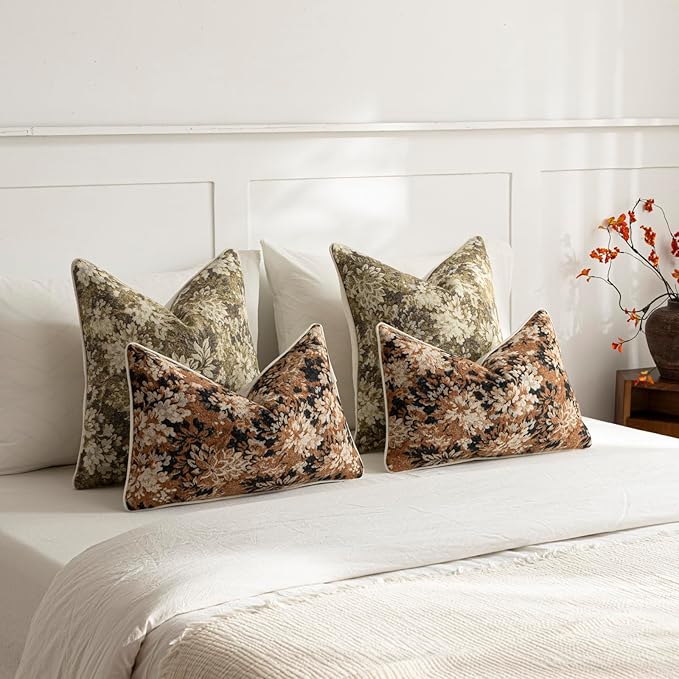 DEZENE Pack of 2 Vintage Floral Euro Sham Covers 26x26 Boho Farmhouse Accents Chenille Square Decorative Throw Pillow Cases for Living Room Couch Bed Home Decor, Beige