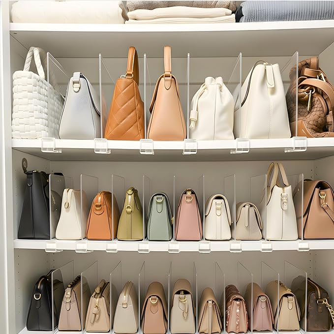 Purse Organizer for Closet Shelf Dividers: 11-inch Tall(Higher Version) Adjustable Clear Acrylic Bag Storage Organizer for Handbags, Sweaters, Towels, Jeans and Shoes on Wood Shelves 6-Pack