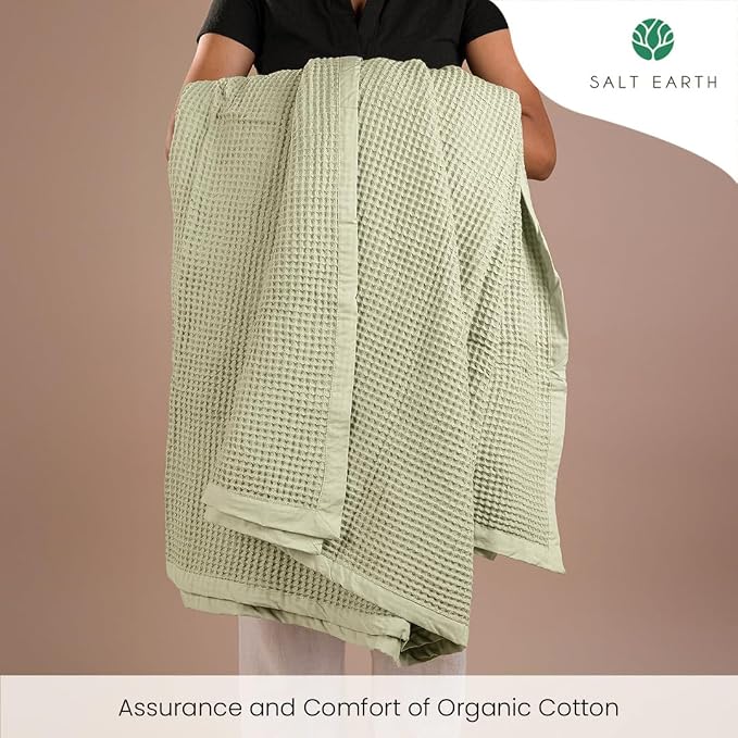 Salt Earth GOTS Certified 100% Organic Cotton Waffle Throw Blanket, 55"x60", Sea Foam