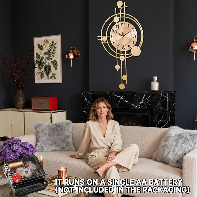 Wall Clock with Pendulum, Silent Non-Ticking Quality Quartz Battery Operated, Round Analog Large Wall Clock for Living Room Kitchen Bathroom Bedroom Wall Home Decor, 16.2x29.2inch, Golden