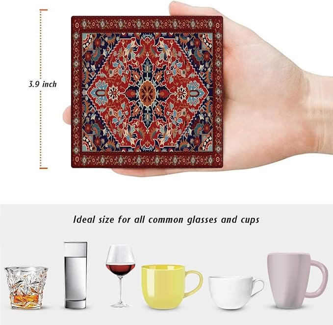 Drink Coasters for Drinks Set of 6, Red Tribal Geometric Pattern Absorbent Square Ceramic Stone Mat Coaster, with Cork Base and Metal Holder, Home Bar Decor House Warming Gift