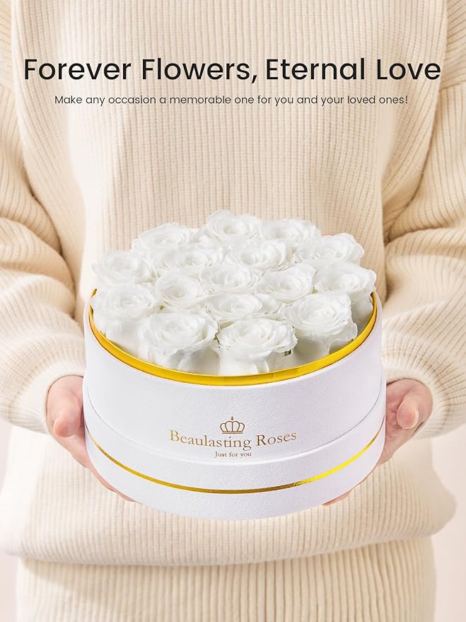 16 Preserved Roses Forever Flowers Real Roses in a Box Mother's Day Birthday Flowers for Her Mom Women Wife Valentine's Day, White Roses
