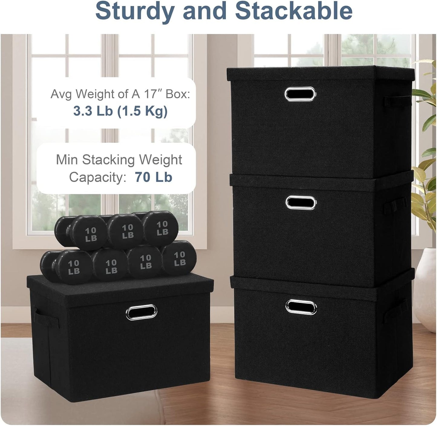Large 17" 36 Quart Collapsible Stackable Storage Bins with Lids, 3 Packs Black Linen Fabric Closet Boxes with Lids, Storage Cube Baskets Container Organizers for Bedroom Office(17 x12 x11)