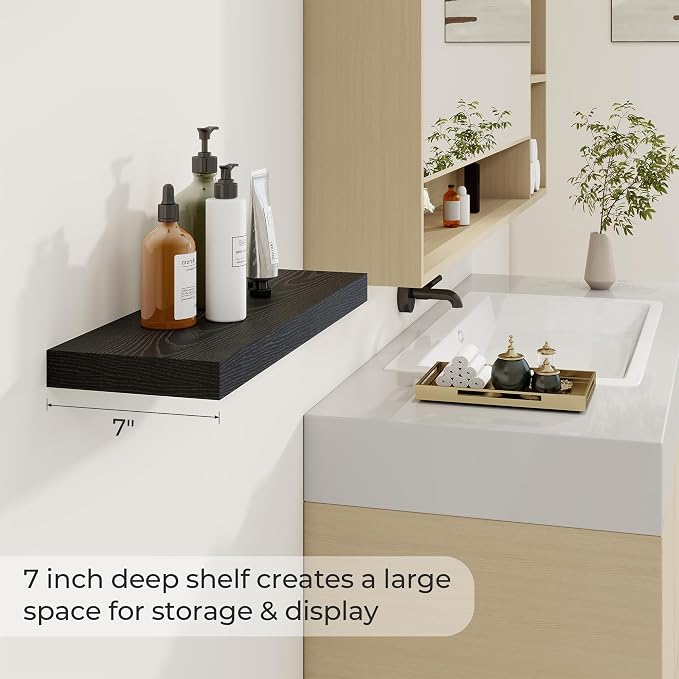 Dreamland 24Inch Black Floating Shelves 6.7" Deep Wall Mounted Set of 2 | Wall shelves for bathroom, bedroom, kitchen, deep wall mount wood storage display for home decor 24" x 6.7"