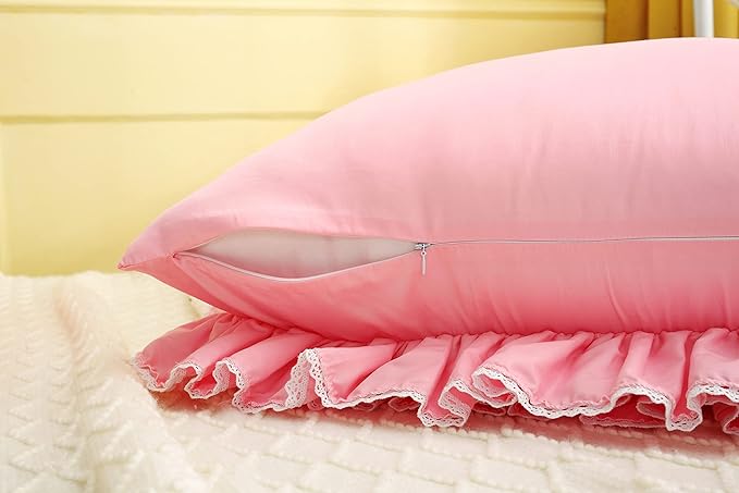 2-Pack Luxury Lace Pink Euro Shams Throw Pillow Covers Cushion Cases with Ruffles Cotton 26"X26" Zipper Closure Elegant