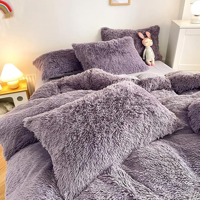 chovy Faux Fur Plush Purple Comforter Sets King - Ultra Soft Shaggy Flannel Velvet Fluffy Fuzzy 3PC Bedding Set (Comforter x 1 Pillowcases x 2)