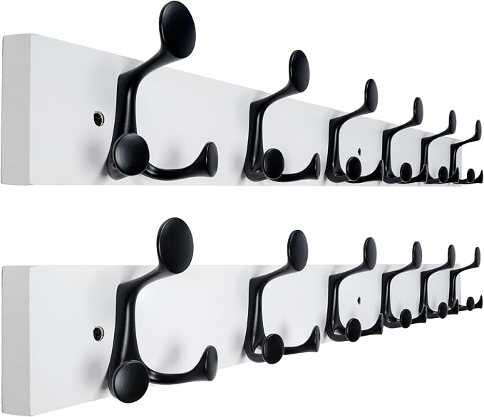 WEBI Coat Rack Wall Mount,36" Solid Wood Coat Hooks Wall Mounted Coat Hanger,16" Hole to Hole,Heavy Duty Hook Rack Rail,6 Triple Hooks for Hanging Coats,Jacket,Clothes,Hat,Backpack,White,2 Packs