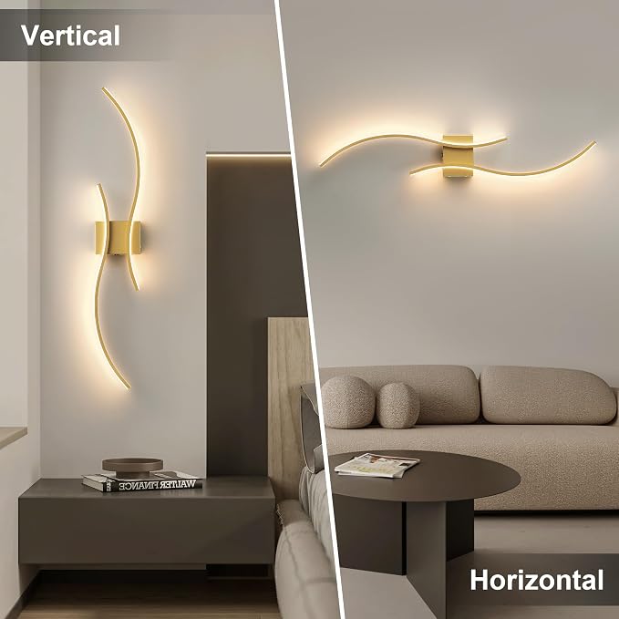KARTOOSH Battery Operated Wall Sconce with Remote Control, Stepless Colors 3000K-6000K & Dimming, LED Gold Wireless Wall Light for Living Room, Hallway, Bedroom, 39.3 Inch (1 Pack)