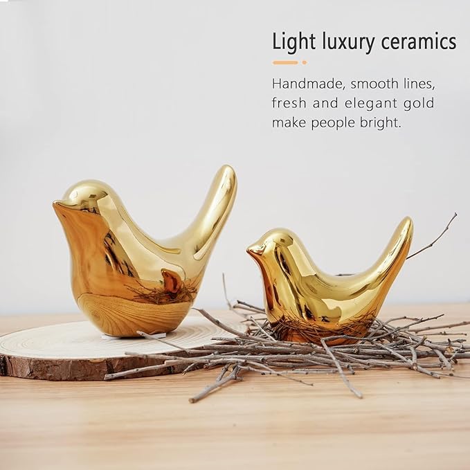 2 Pcs Ceramic Small Bird Figurines Modern Animal Statues for Home 、Room Decor and Bedroom Decor and Bookshelf Display (Gold)