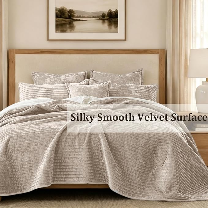 Luxury Velvet California King 106x118 in Quilt Set 3 Piece Quilted Bedspread with 2Pillow Shams(20x36) Ultra Soft Coverlet All Season Bedding for Farmhouse Modern Bedroom Sofa,Beige