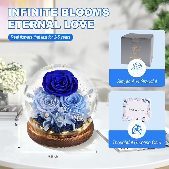 FIACO Gifts for Mom Mothers Day Birthday Gifts for Women Preserved Flowers in Glass Dome Long-Lasting Eternal Roses for Her Grandma Wife Girlfriend Blue Forever Flowers for Delivery Prime Anniversary