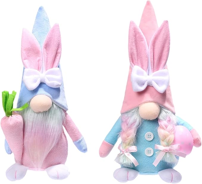 Eimilaly Easter Bunny Gnomes for Pink Blue Decorations, Tomte Gnomes Set Ornaments for Garden or Easter Theme Party Gnome Decor - 2PCS