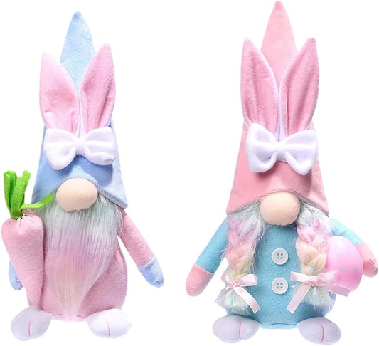 Eimilaly Easter Bunny Gnomes for Pink Blue Decorations, Tomte Gnomes Set Ornaments for Garden or Easter Theme Party Gnome Decor - 2PCS