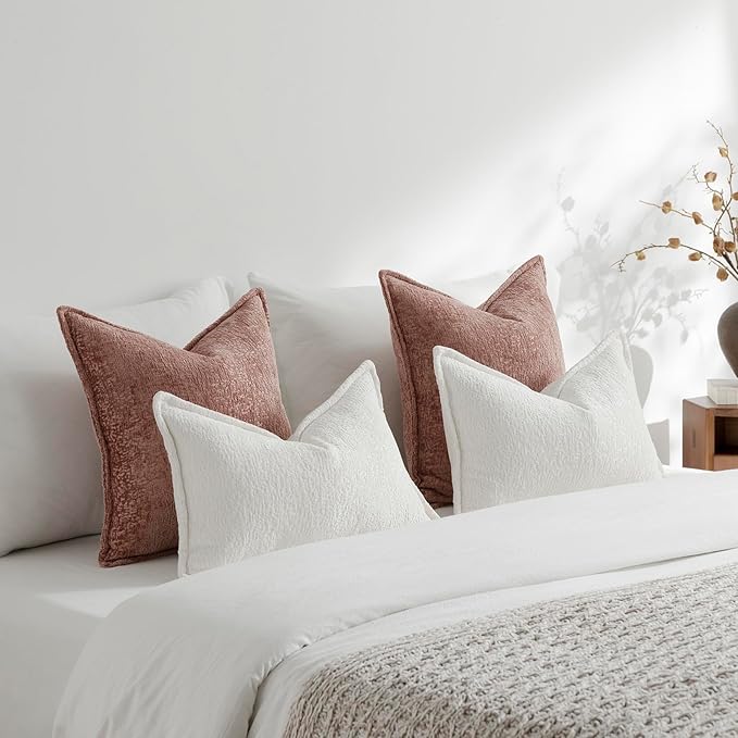 DEZENE Pack of 2 Dusty Pink Euro Shams Pillow Covers 26x26 Cozy Soft Chenille Decorative Throw Pillow Covers Accent Vintage Square Couch Pillow Covers for Home Decor Bed Sofa Living Room