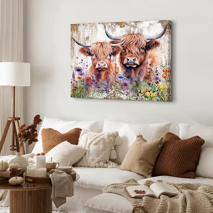Farmhouse Highland Cow Wall Art Extra Large Flower Cow Pictures Wall Decor Western Animal Scottish Cattle Painting Canvas Prints Living Room Rustic Country Farm Artwork Bedroom Home Decorations 32x48"