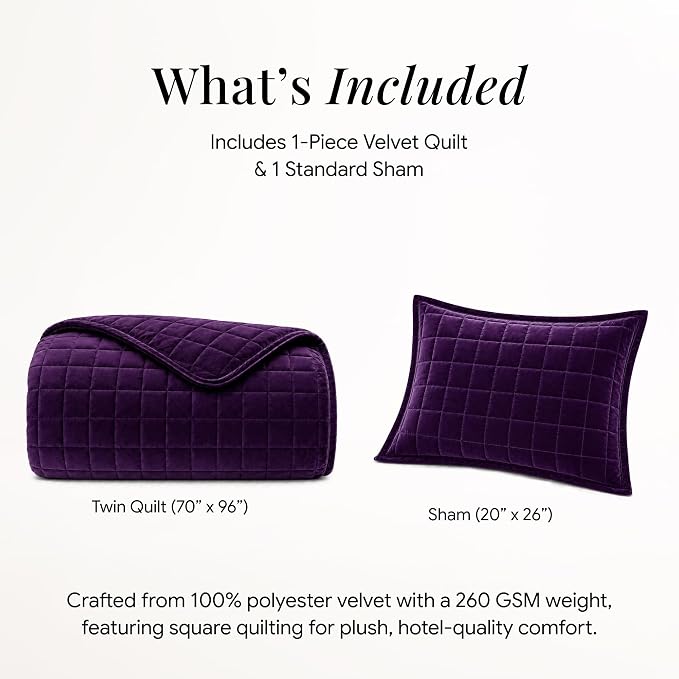 Tribeca Living Luxury Velvet Quilt Twin Size Set - 260GSM Ultra-Soft Oversized Velvet Bedspread Comforter Set with 1 Sham, in Florence Purple