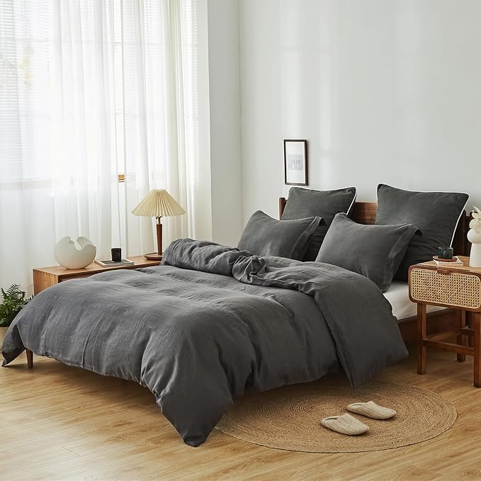 Simple&Opulence 100% Linen Duvet Cover Set 3pcs Basic Style Natural French Washed Flax Solid Color Soft Breathable Farmhouse Bedding with Button Closure - Dark Grey, King